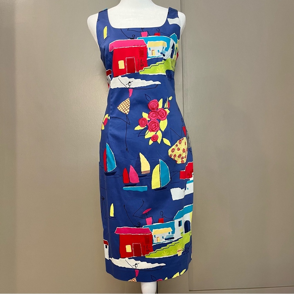 Staple Vacation Dress. Beach and Boat Design on Blue Fabric. Classy but Fun.